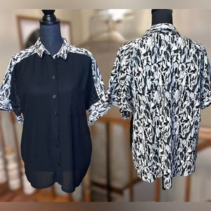 ASOS Sheer Front with Black and White Abstract Print Button Down Blouse Size 10